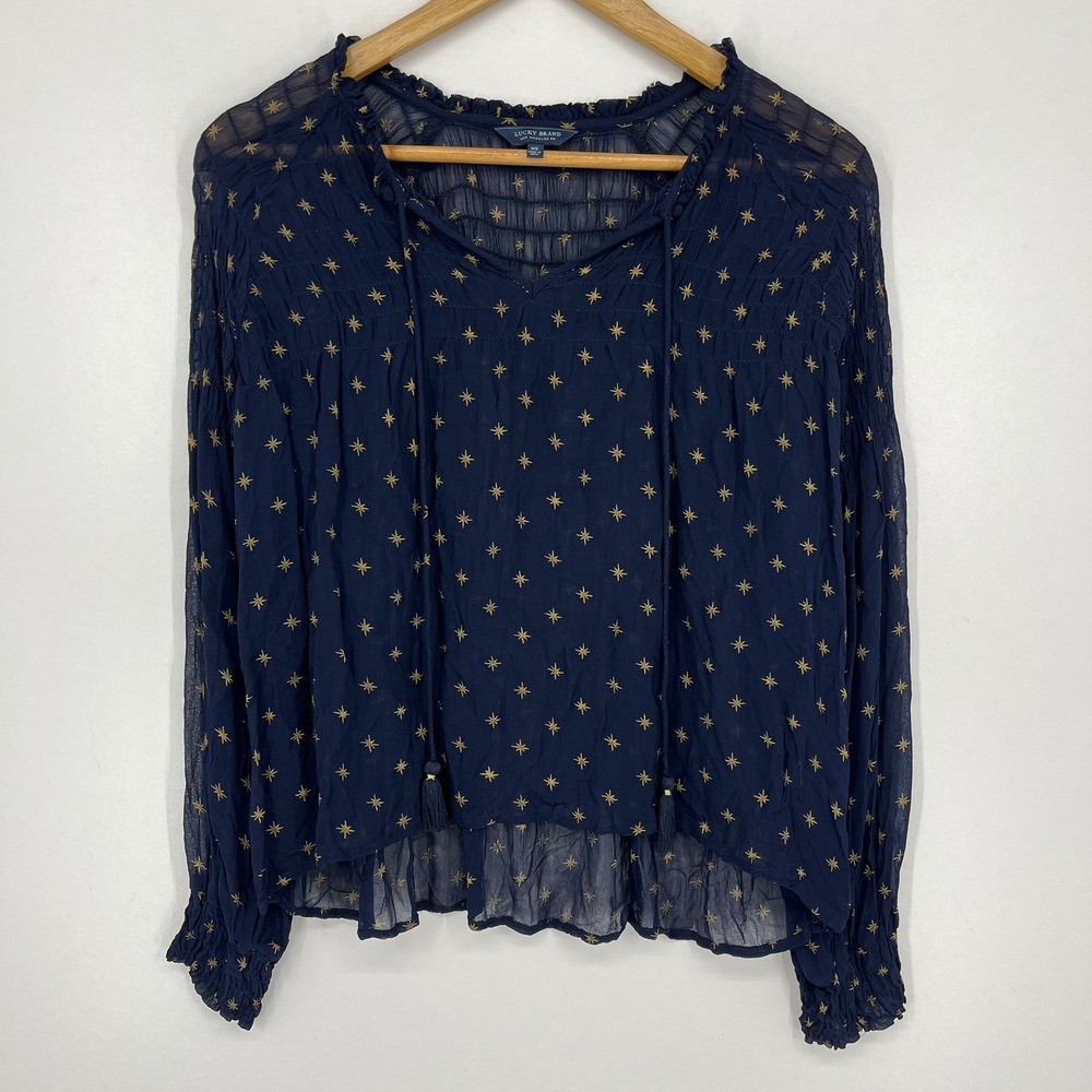 Lucky‎ Brand Navy Blue Gold Metallic Star Print Smocked Peasant Blouse XS